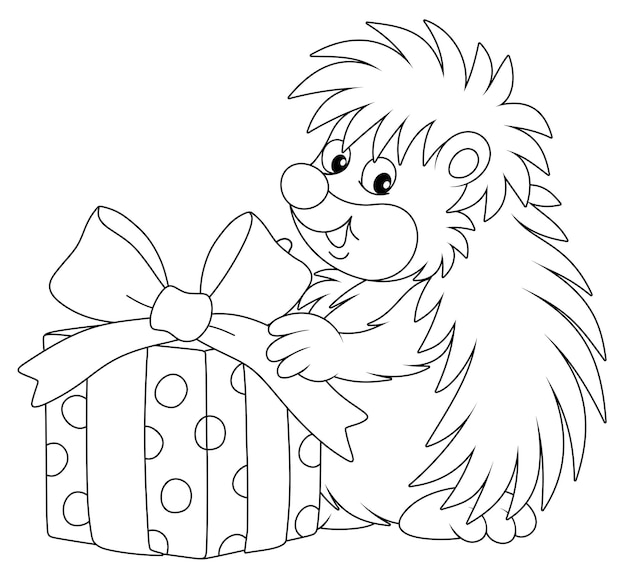 Joyful and friendly smiling little hedgehog holding a beautiful box with a holiday gift