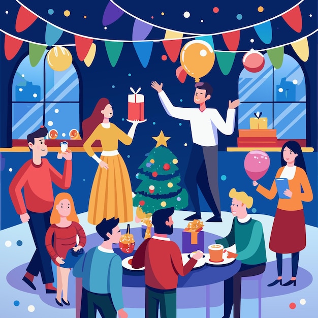 Vector joyful friends celebrate with christmas tree and festive decor