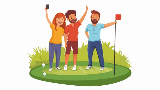 Vector joyful friends taking selfie at mini golf course