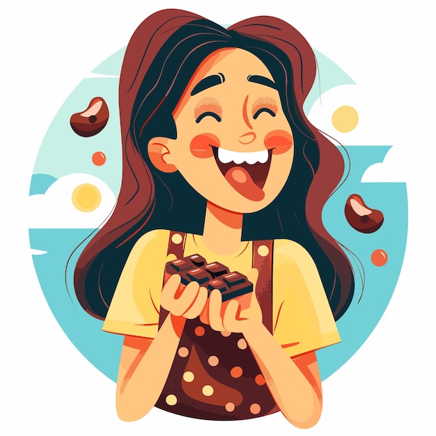 Vector joyful girl arranging sweet chocolates in open box