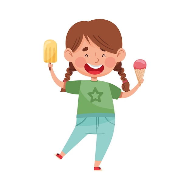 Vector joyful girl character holding ice cream in waffle cone and popsicle vector illustration