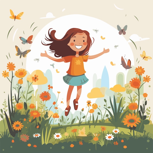 Vector joyful girl in lush garden poster design illustration