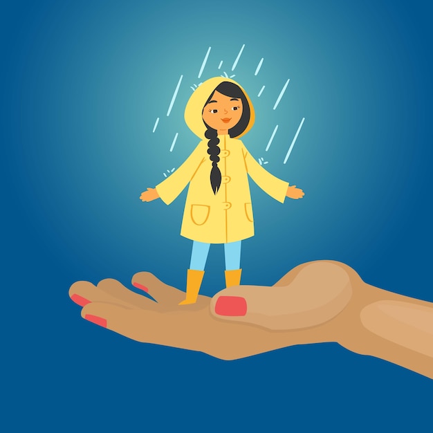 Joyful girl in rain, blue background, happy, colorful autumn day, child without umbrella,     illustration. Human on street, smiling girl in boots, yellow cloak, rainy weather.