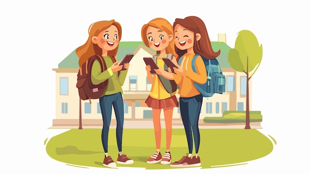 Vector joyful girl using smartphone with friends at school