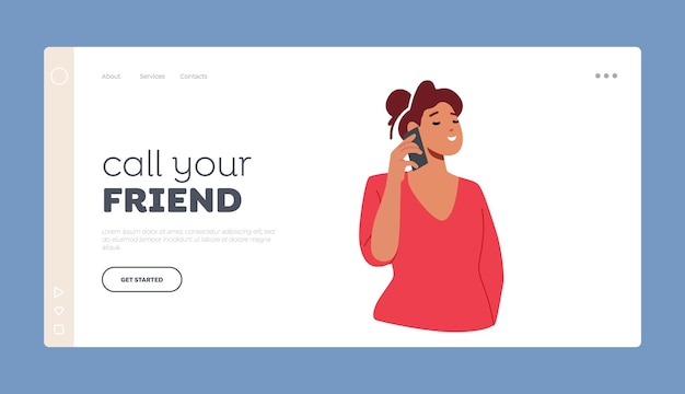 Joyful Girl with Mobile Phone Chat with Friends Landing Page Template Young Woman Speaking by Smartphone