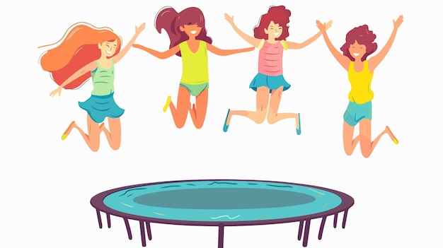 Vector joyful girls jumping on trampoline vector illustration