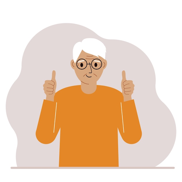 Joyful grandfather, with two hands shows a thumbs up sign everything is okay. Make, consent, approval, success.