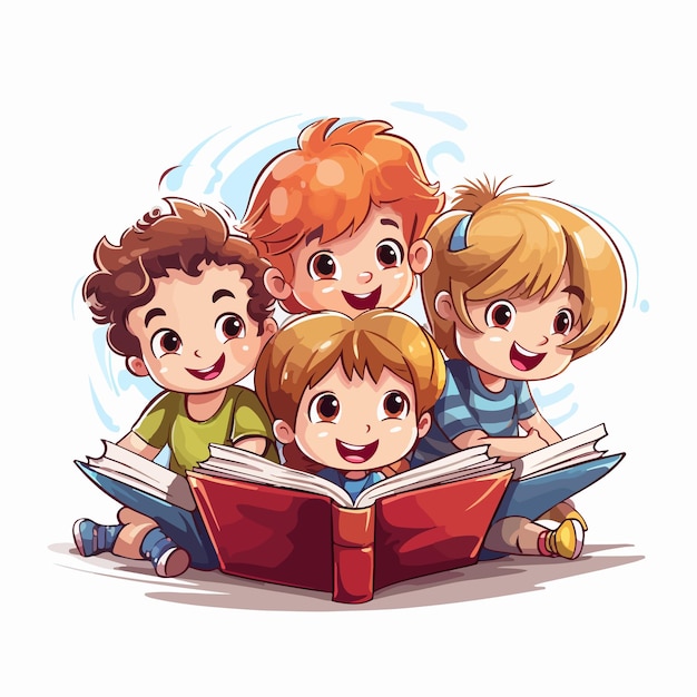 Vector joyful group of children reading colorful books together