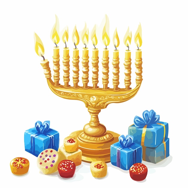 Vector joyful hanukkah celebration with menorah and drei