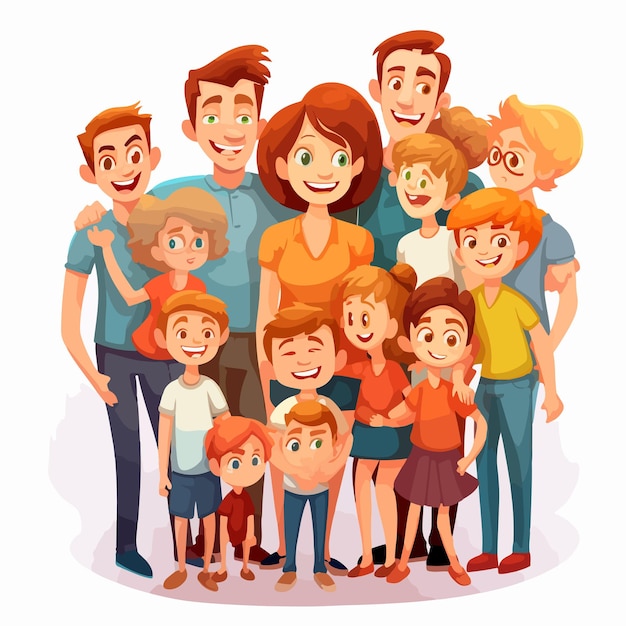 Vector joyful illustration of a large happy family on a clean white background