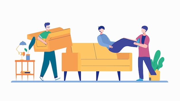 Vector joyful individuals revamping home decor by moving couch to improve living space