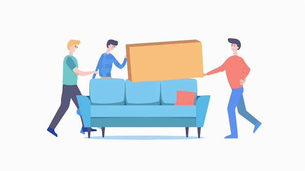 Vector joyful individuals revamping home decor by moving couch to improve living space