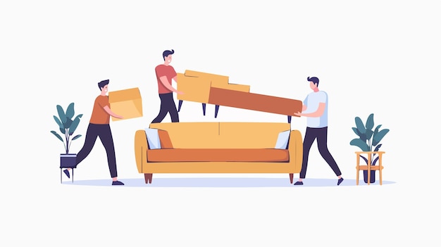 Vector joyful individuals revamping home decor by moving couch to improve living space