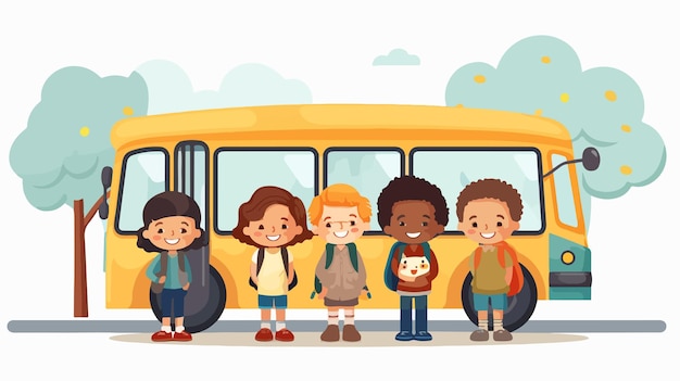 Vector joyful interracial school children waiting at bus stop