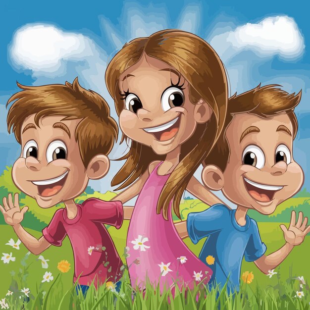 Joyful Italian Kids Cartoon Portrait with Sunlit Glow and Nature Background