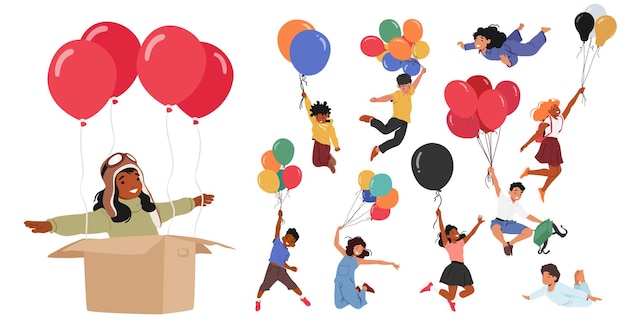 Joyful Kid Characters Soaring On Colorful Balloons Giggling In The Sky Their Faces Light Up As They Float Above Creating Unforgettable Memories Amidst The Clouds Cartoon People Vector Illustration