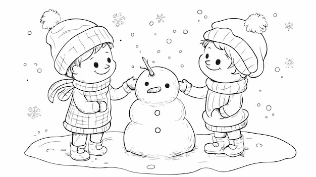 Vector joyful kids building snowman together coloring page