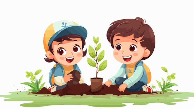 Joyful kids planting trees happy children enjoying nature in park