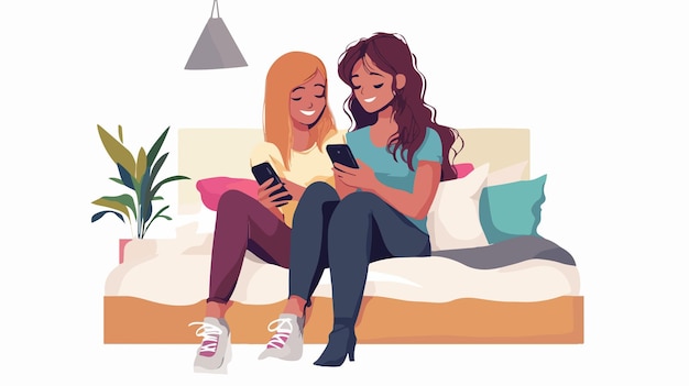 Vector joyful lesbian couple using smartphone together