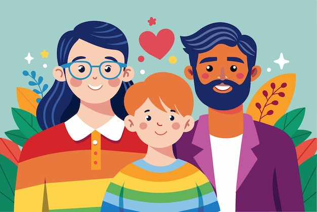 A joyful lgbt family stands together showcasing love and diversity against a colorful backdrop Lgbt family Customizable Semi Flat Illustration