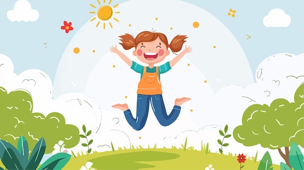 Vector joyful little girl jumping and raising hands against sky