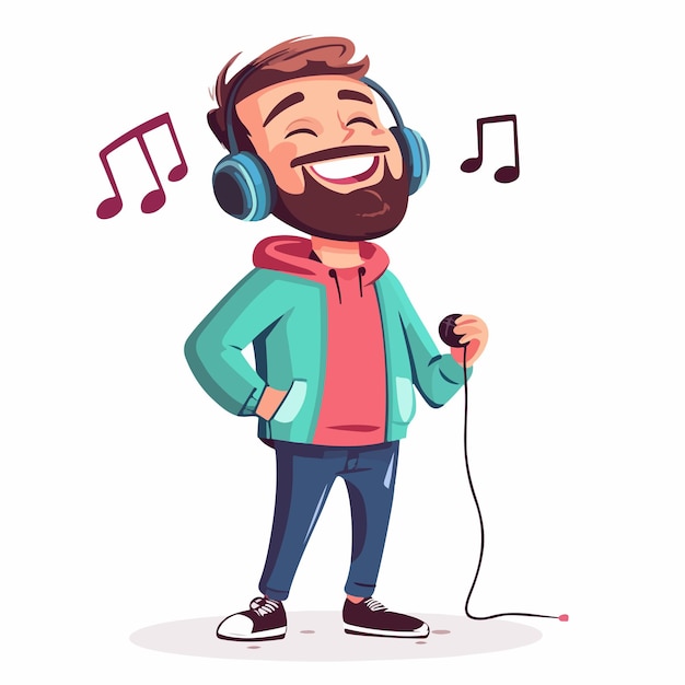 Joyful man enjoying music with headphones in vector cartoon illustration