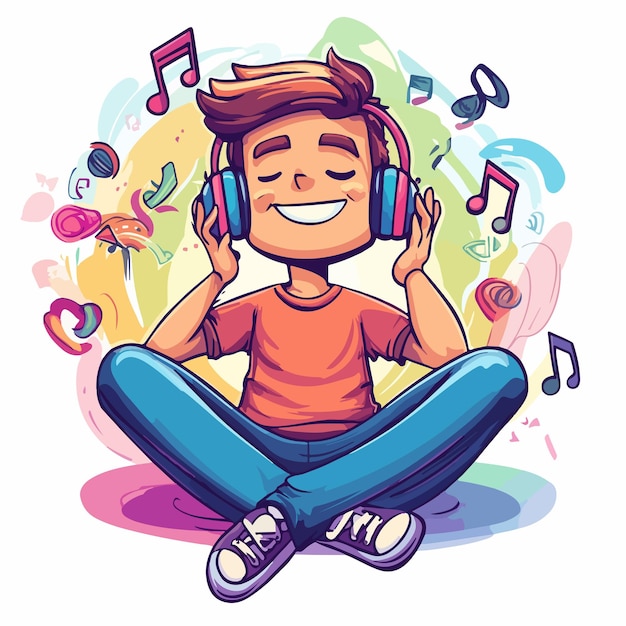 Joyful man enjoying music with headphones in vector cartoon illustration