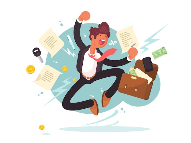 Joyful man with briefcase of money and documents Vector illustration