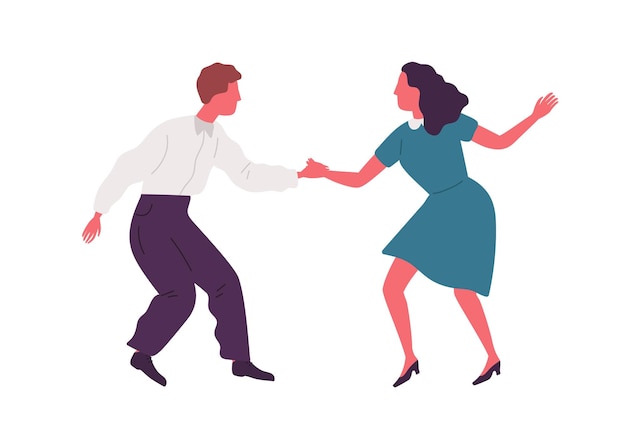 Joyful man and woman performing lindy hop dance movement vector flat illustration. Active couple dancing together holding hands isolated on white. Dancers pair at disco, party or school.