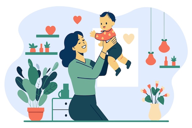 A joyful moment as a mother lifts her baby in a plantadorned room