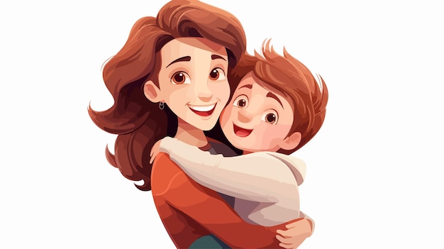 Joyful Mother Embracing Adorable Little Boy in Cartoon Style Vector Illustration