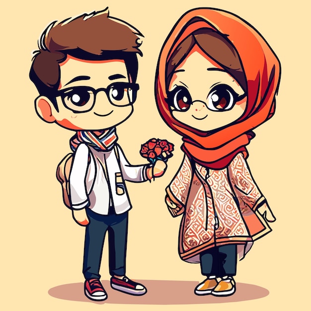 Vector joyful muslim romance cartoon couple vector illustration