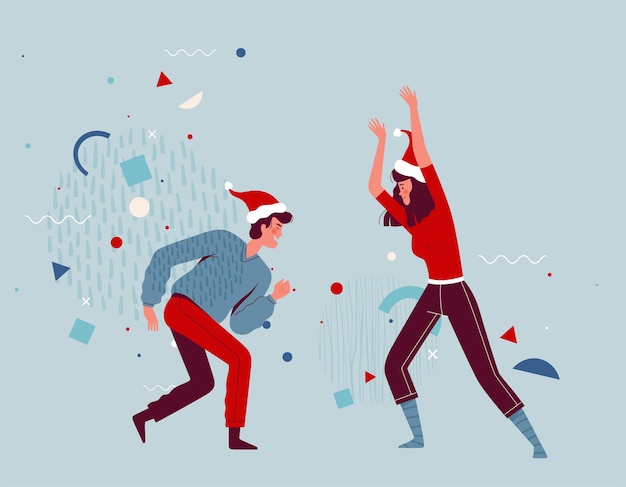 Joyful people dance together and celebrate Christmas and New Year. Happy couple rejoice and have fun. Cartoon flat .