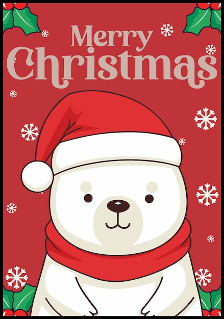 Joyful Polar Bear with Santa Hat Featured in Merry Christmas Greeting Cards and Posters