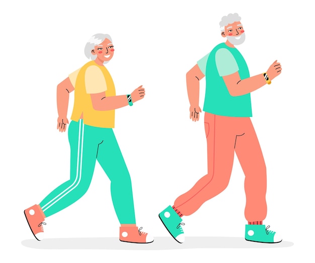 Joyful positive old couple running with fitness tracker. Active old age.