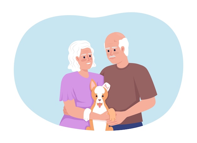 Joyful retired couple with puppy in hands 2D vector isolated illustration