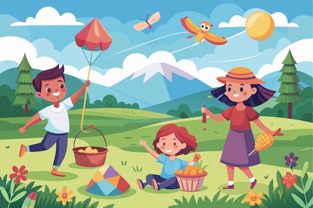 Vector a joyful scene of kids flying kites in a meadow with a picnic basket nearby holding the celebratory lunch