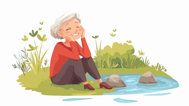 Vector joyful senior woman with head in hands by riverside