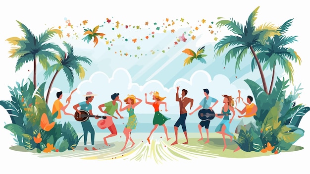 Vector joyful summer party diverse group of smiling men and women celebrating outdoors