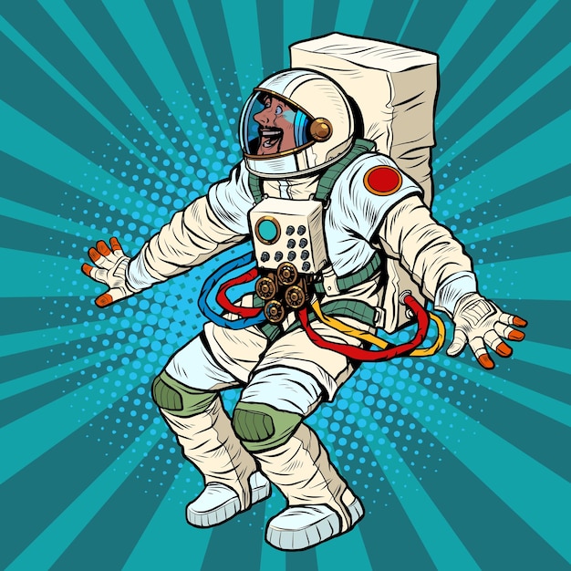 A joyful surprised astronaut human positive emotions funny pose