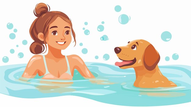 Vector joyful teen girl and dog having fun in outdoor summertime bathing moment