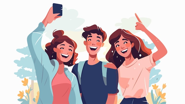 Vector joyful teenage girl taking selfie with male and female friends