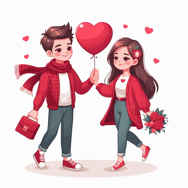 Joyful Valentine Cartoon Couple with Red Baloon Heart and Rose Vector