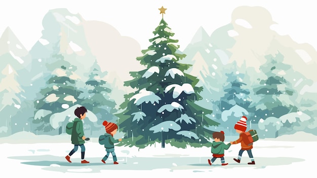 Joyful Vector Christmas Illustration of Children Playing Together