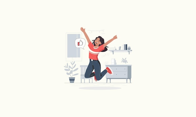 Vector a joyful woman jumping in excitement with a thumbsup symbol