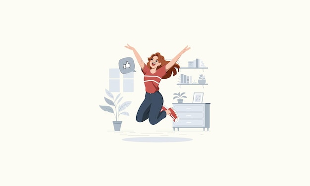 Vector a joyful woman jumping in excitement with a thumbsup symbol