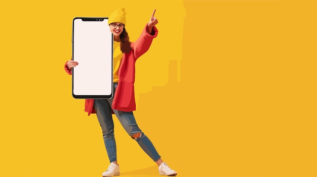 Vector joyful woman leaning on oversized smartphone screen