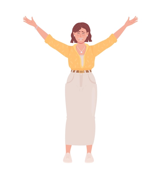 Joyful woman raising up hands semi flat color vector character