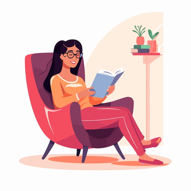 Joyful Woman Relaxing with Book in Armchair