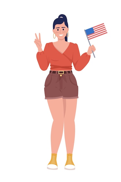 Vector joyful woman with american flag semi flat color vector character